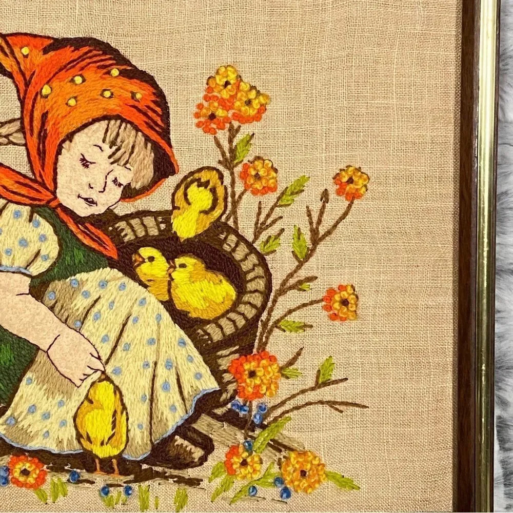 Crewel Embroidery Folk Needlepoint Wall Art Cottage Fairytale Handmade 1975 - Picture 4 of 10